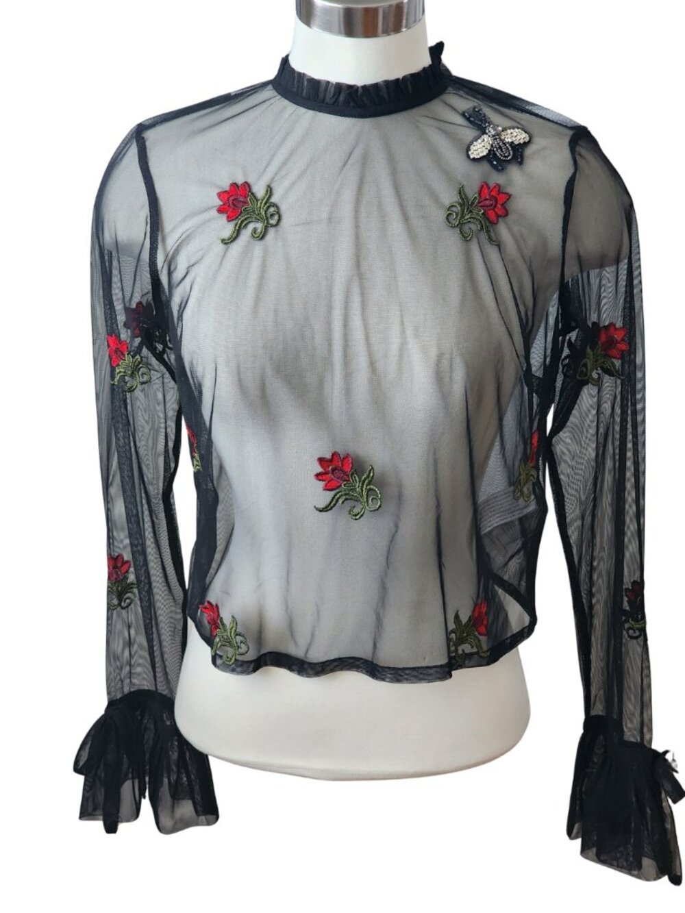 Forever 21 Sheer Floral Ruffle High Neck Long Sleeve Blouse